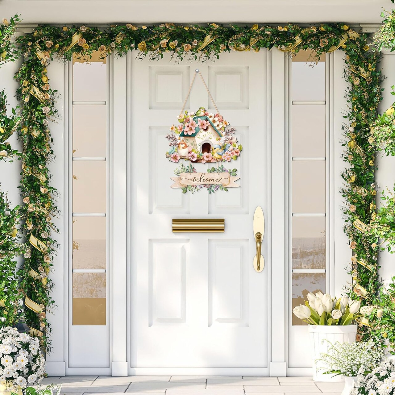 Door Hangers Welcome Sign Blooming Flowers Birdhouse Wall Tags Plaque for Farmhouse Porch Front Yard Ornament Ironwork